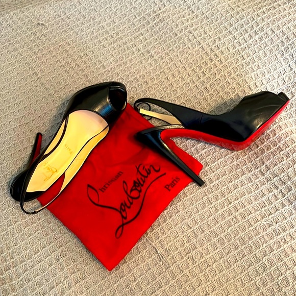 Christian Louboutin Shoes - Christian Louboutin Black  Leather  Peep Toe Slingback Sandals 40.5